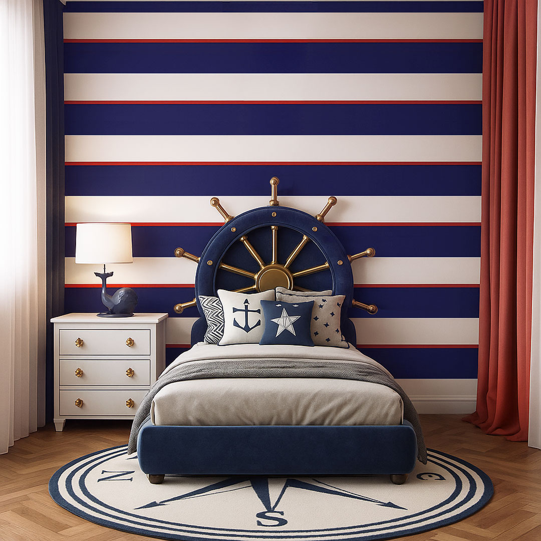 Nautical wallpaper with white-navy blue-red (18-20-2 cm) horizontal stripes - Dekoori image 2