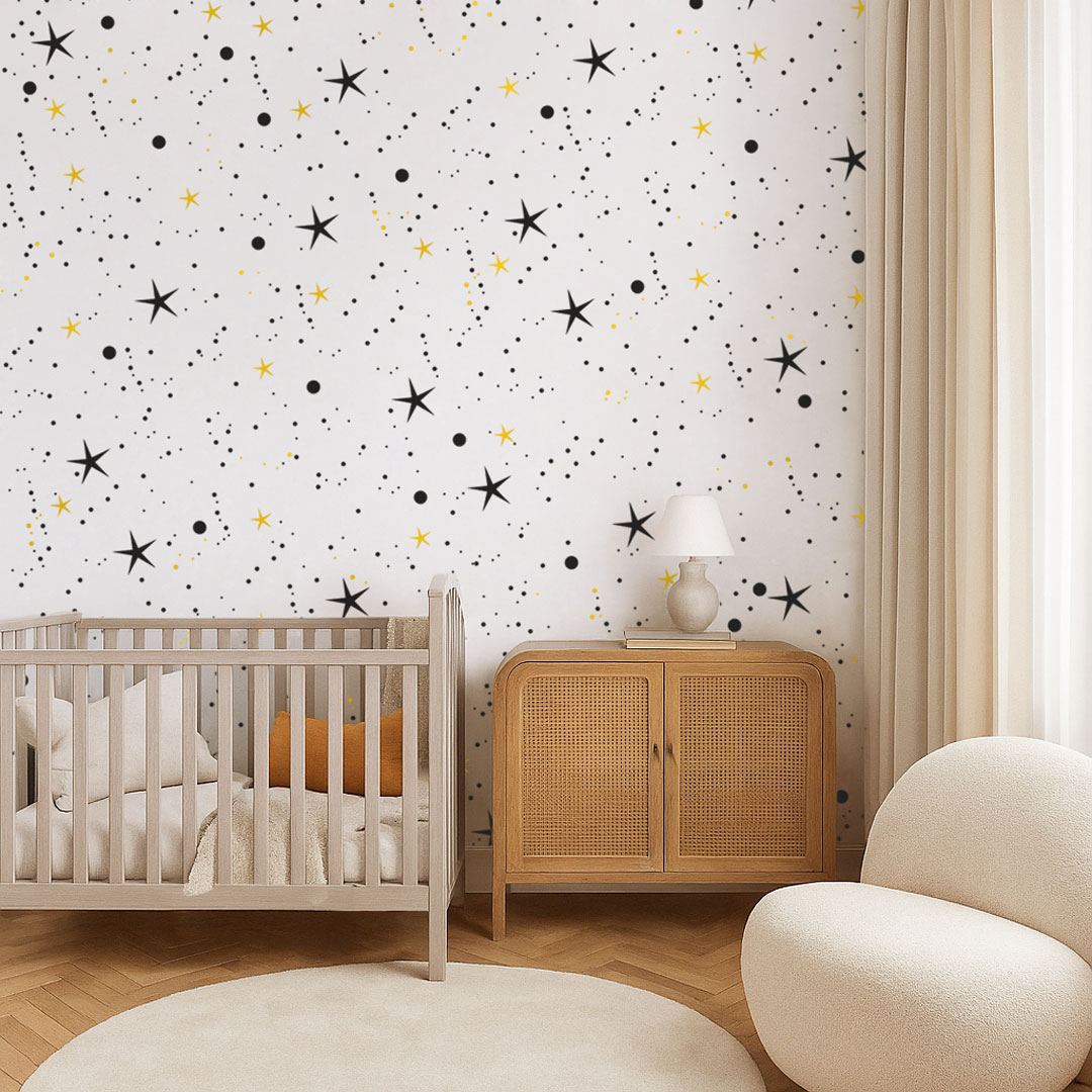 White wallpaper with black and mustard dots and stars - Dekoori image 2