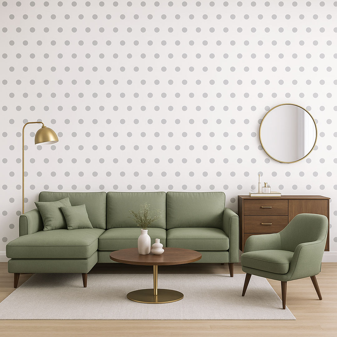 White and grey 5 cm dots wallpaper - Dekoori image 2