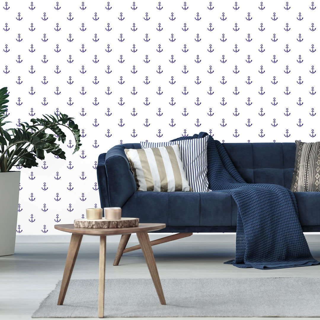White, nautical marine (sea design with navy blue anchors) wallpaper - Dekoori image 2