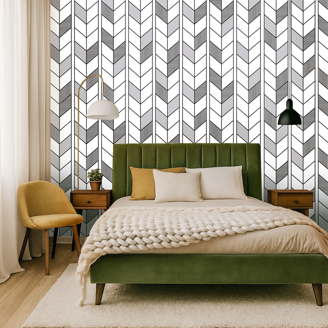 White and black contour herringbone designer pattern wallpaper - Dekoori image 2