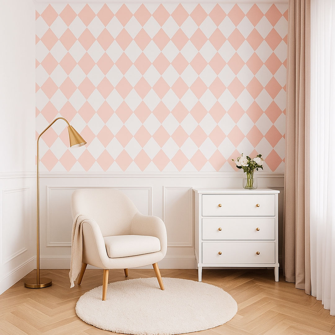 White and light salmon pink harlequin wallpaper - Dekoori image 2