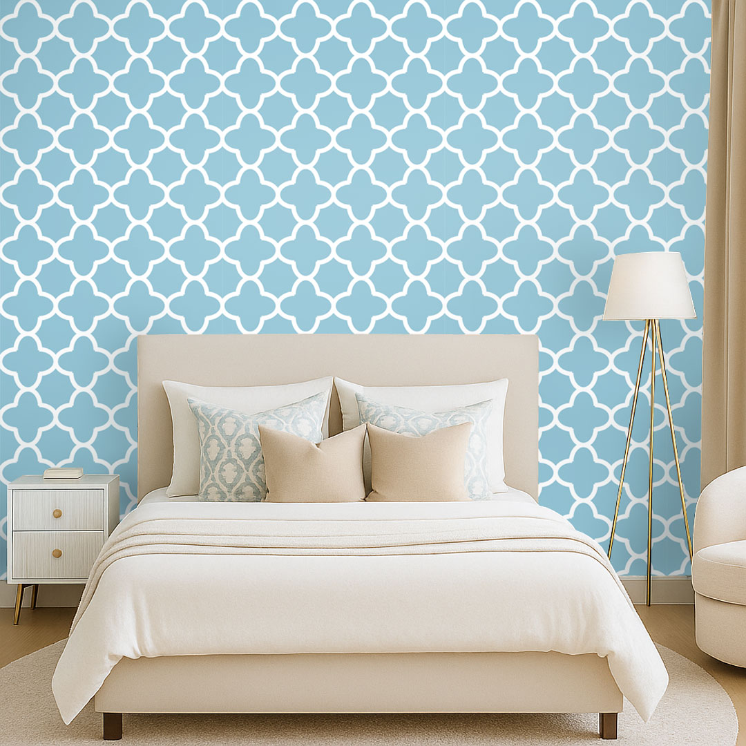 Light blue and white quatrefoil oriental pattern wallpaper - Dekoori image 2