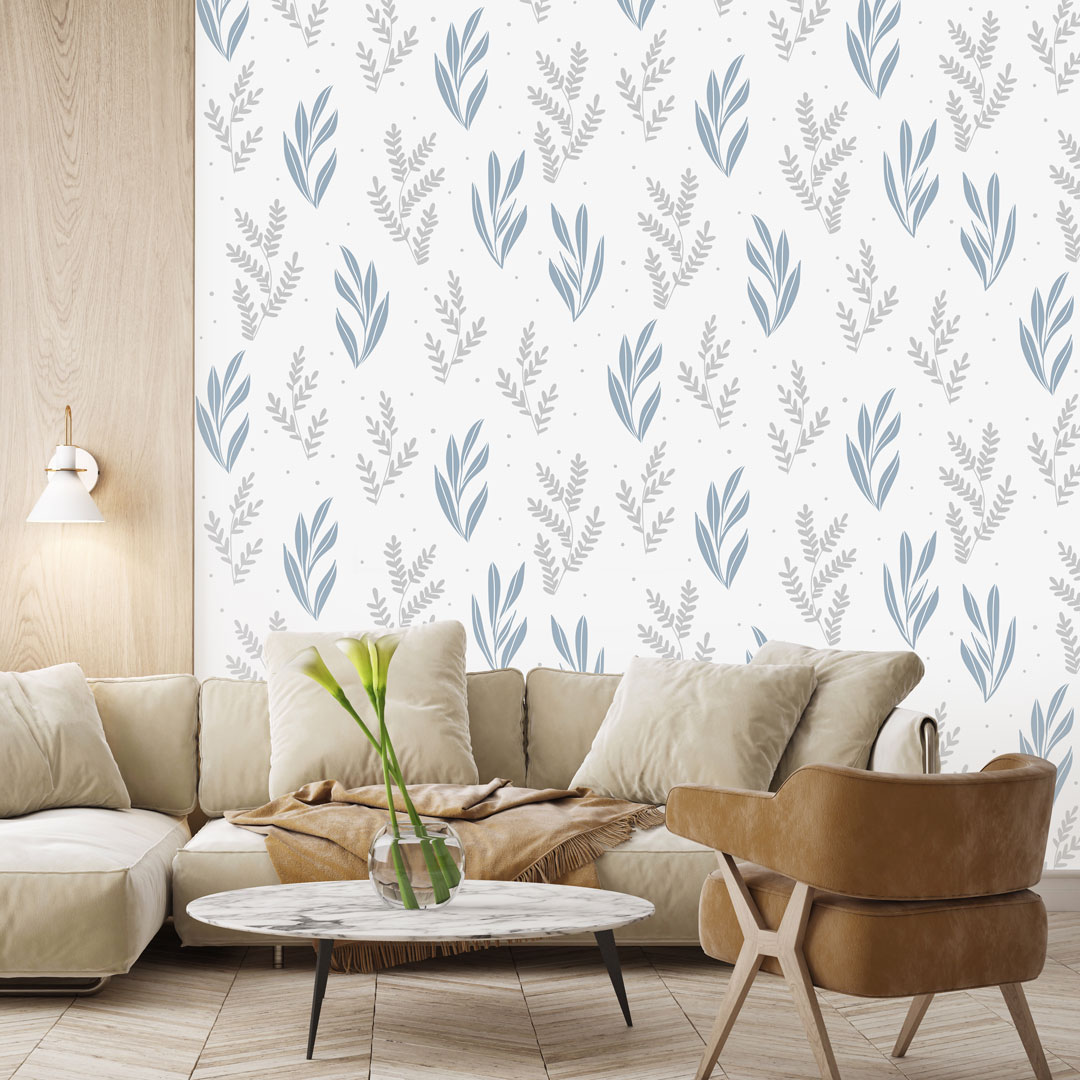Boho wallpaper with grey and blue underwater plants on a light grey background - Dekoori image 2