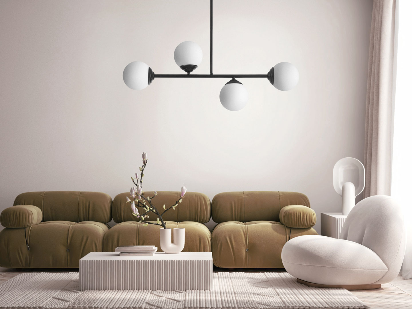 Black tube pendant lamp with white glass globe shades - FINO - Lampit image 4