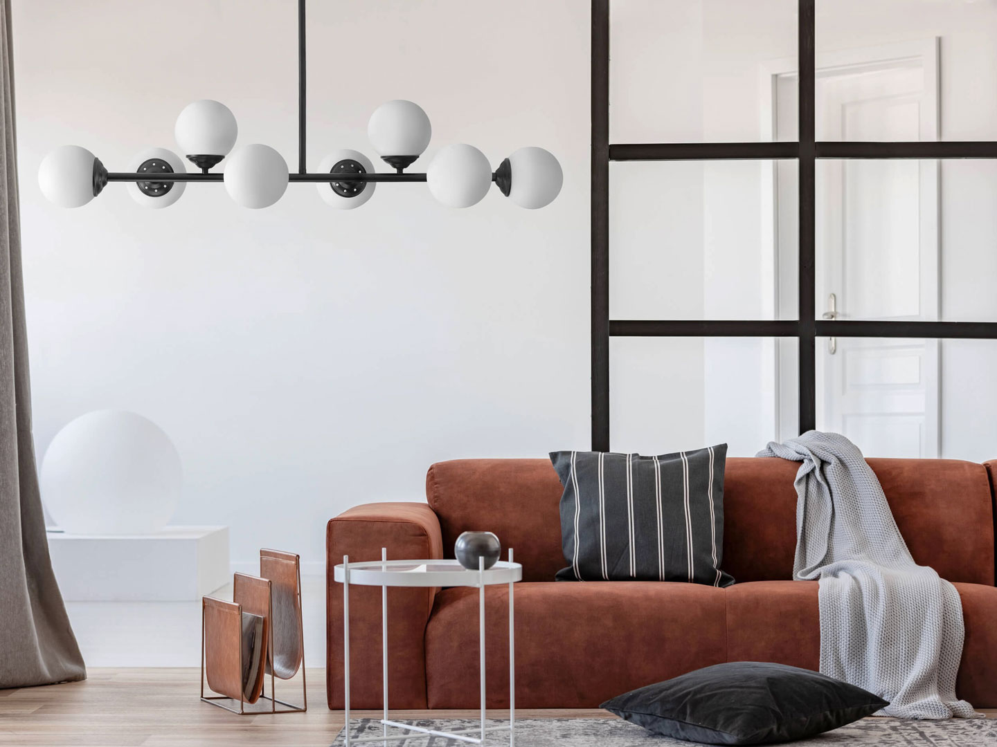 Black tube pendant lamp with white glass globe shades - FINO - Lampit image 2