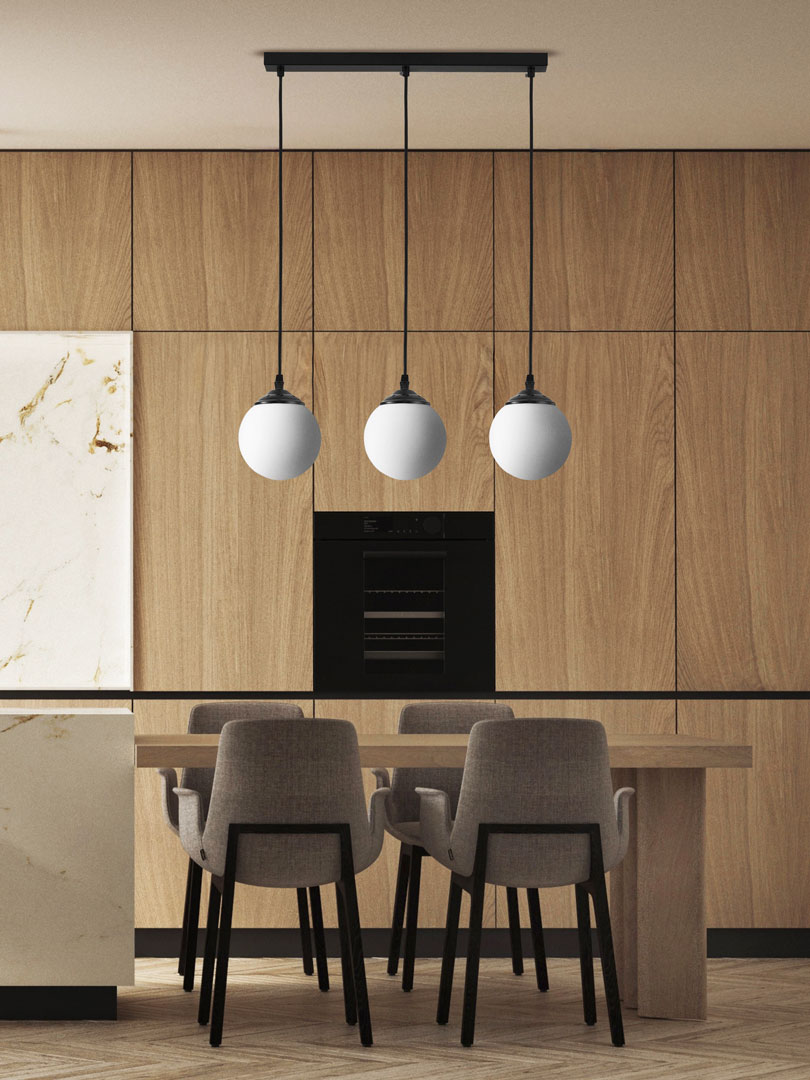 Black triple pendant lamp over dining table or kitchen island, white spheres - FINO - Lampit image 2