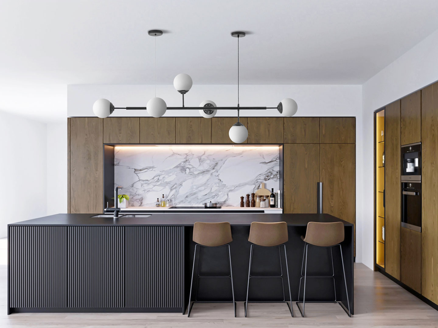 Black chandelier, spherical shades, pendant lamp, horizontal tube, two round rosettes - FINO - Lampit image 4