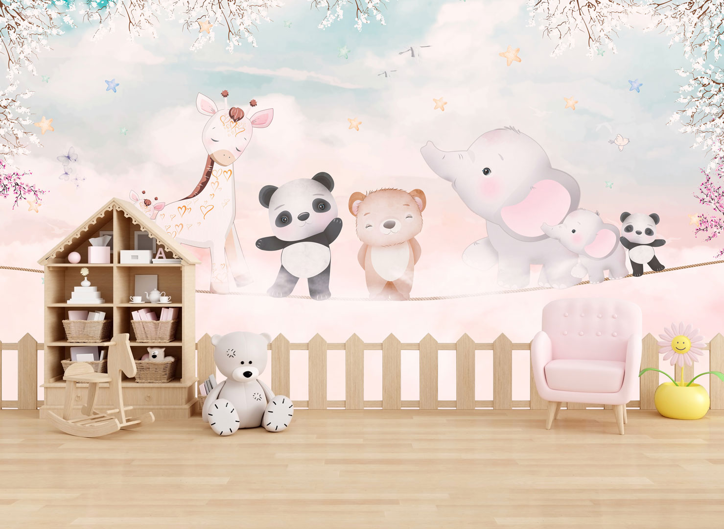 Cute children's wallpaper, tightrope walk, animals and circus tricks in the clouds - Dekoori image 2