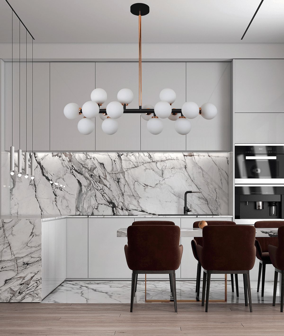 Exclusive black and gold PETRICA pendant lamp, chandelier, white glass shades - Lumina Deco image 2