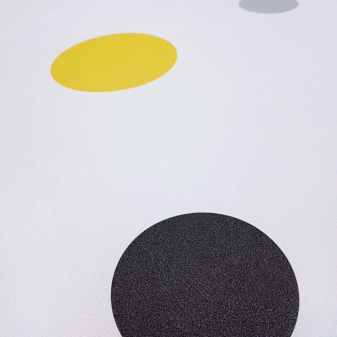 Modern white wallpaper with grey, black and yellow circles, bubbles, dots - Dekoori image 4