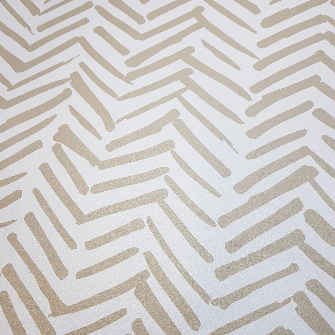 White boho wallpaper with beige dashes, herringbone pattern, colonial style