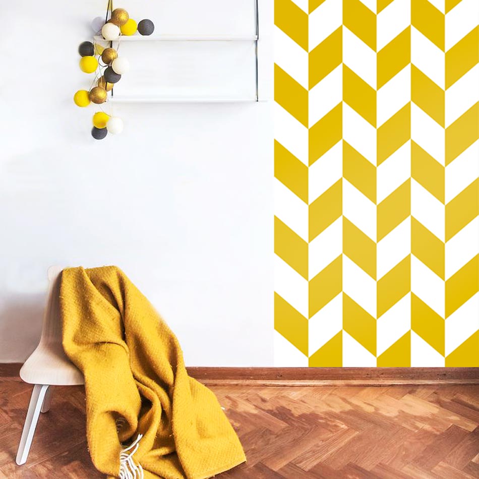 White and mustard herringbone scandinavian wallpaper - Dekoori image 2