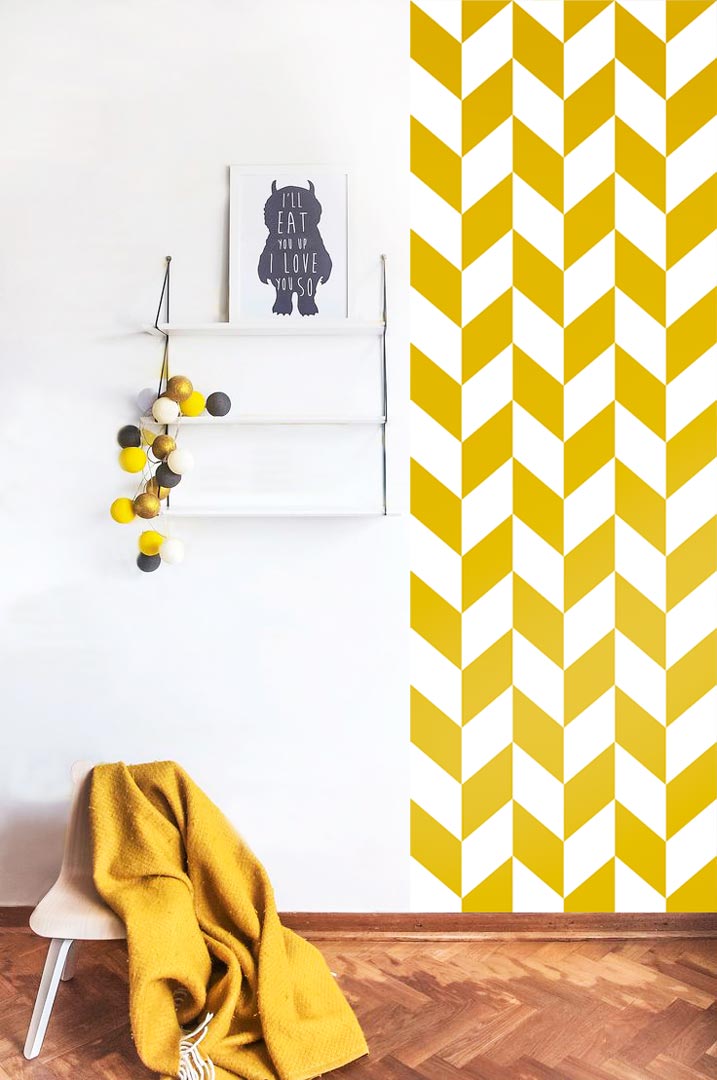 White and mustard herringbone scandinavian wallpaper - Dekoori image 4