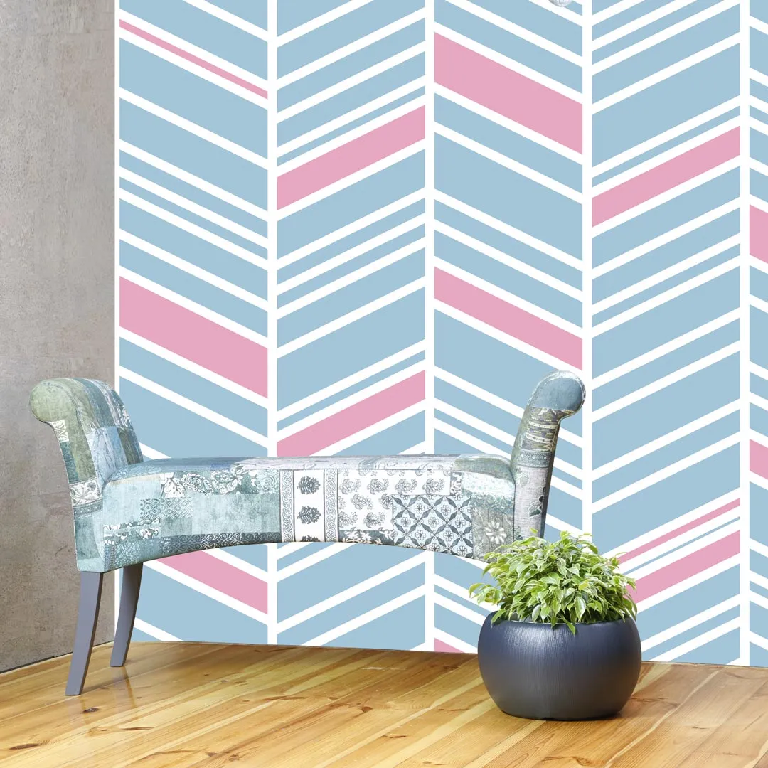 Original design white, blue and pink herringbone wallpaper