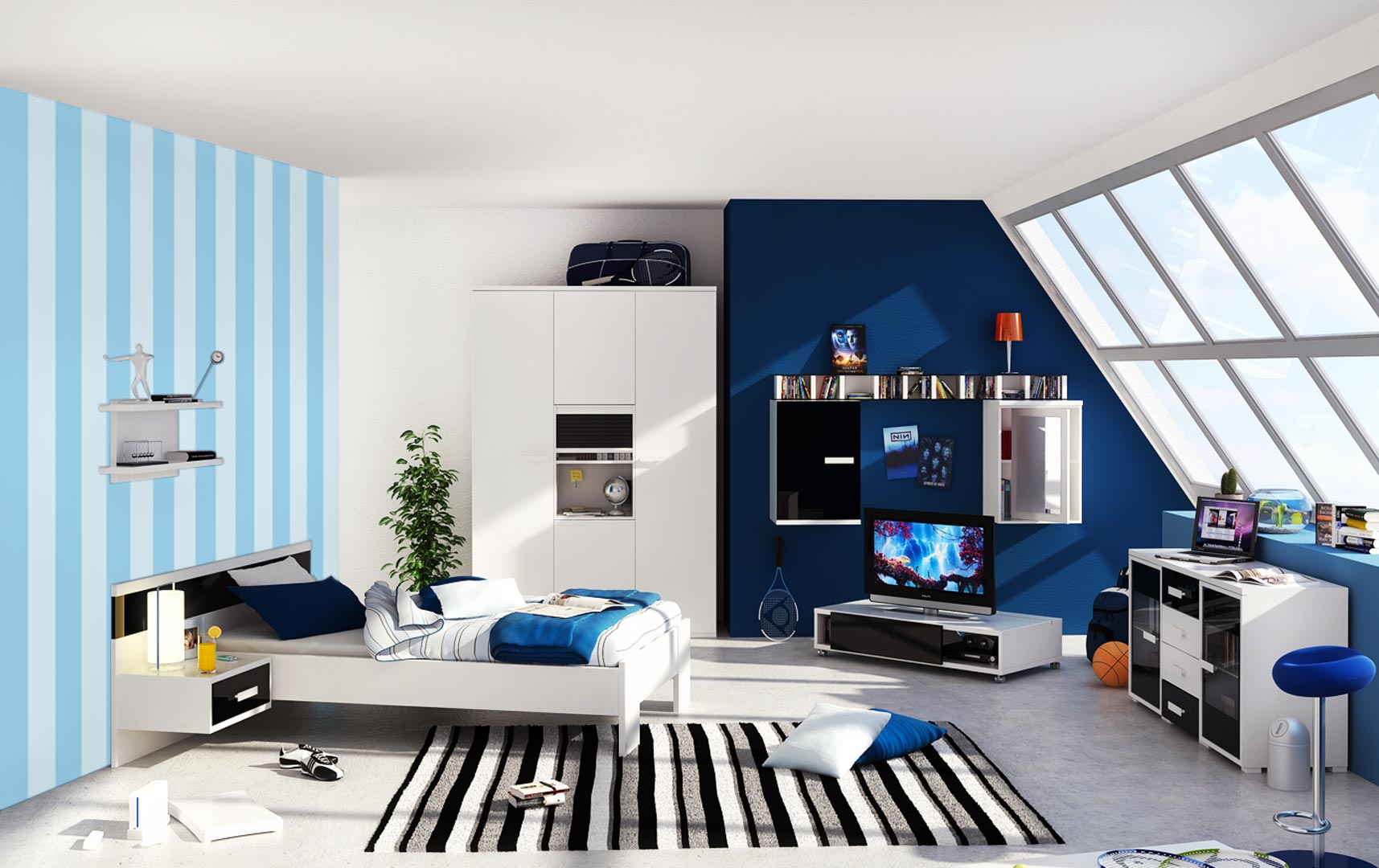 Blue vertical striped wallpaper for children's/boy's room - Dekoori image 4