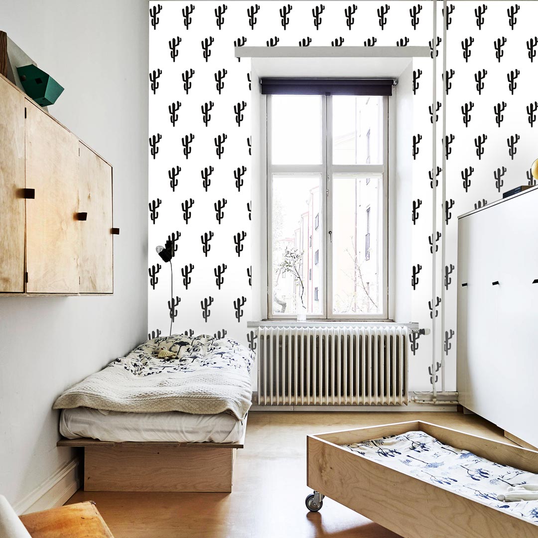 Black cactus design (10 x 20 cm) white wallpaper with vegetal pattern - Dekoori image 2