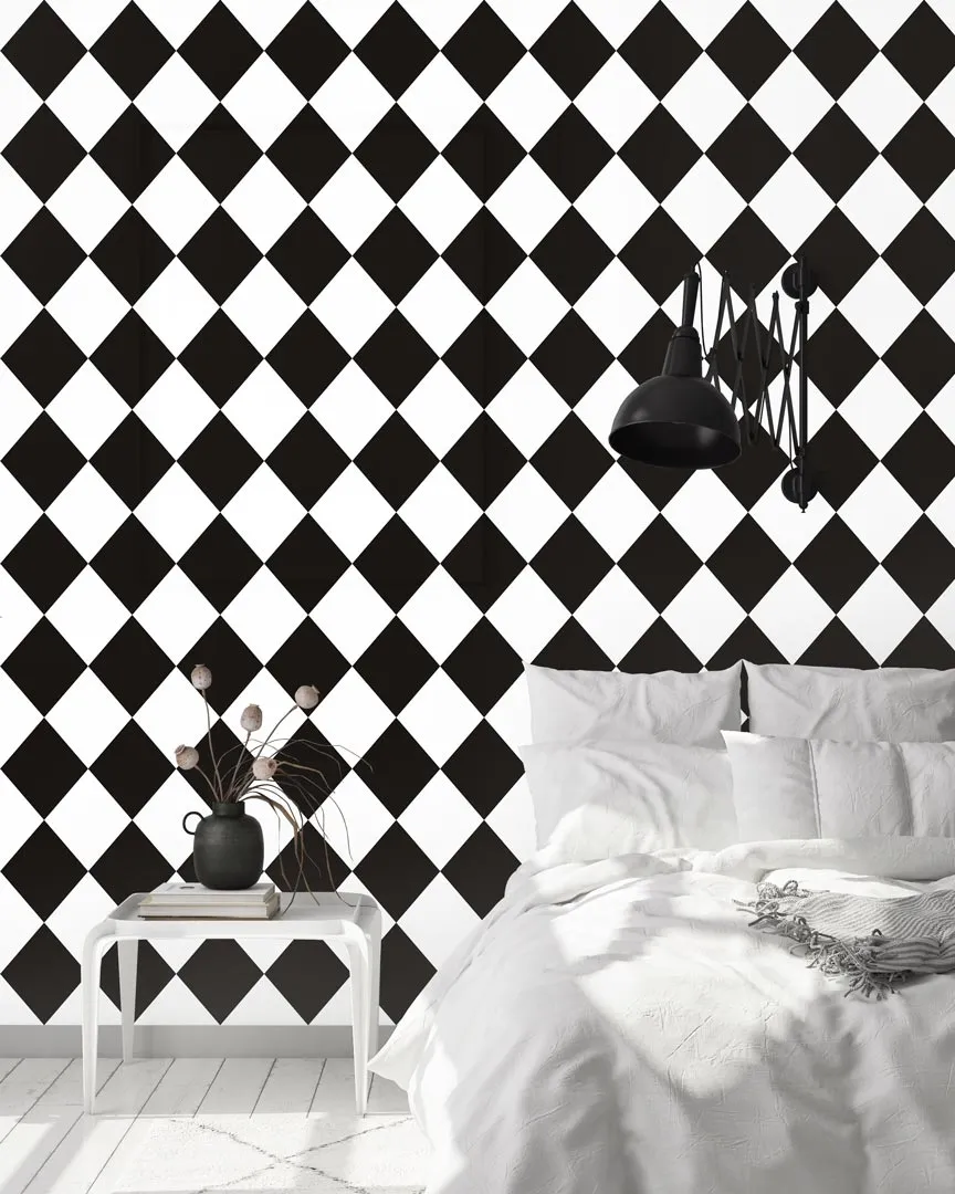 White and Black Harlequin Geometric Wallpaper