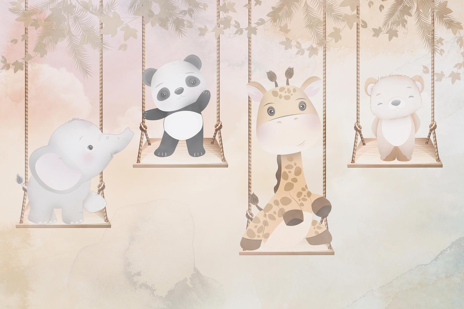 Beige children's wall mural, cheerful animals on a swing, elephant, panda, giraffe, bear - Dekoori image 1
