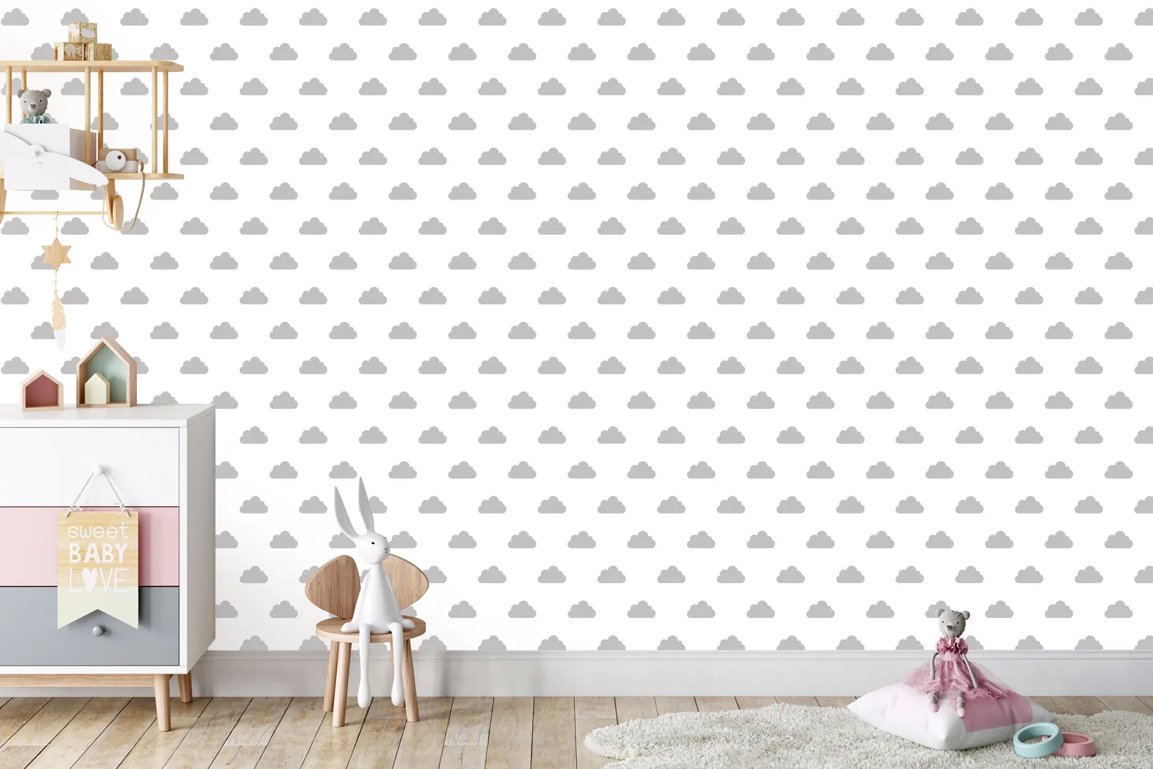 Grey clouds on white background wallpaper for children