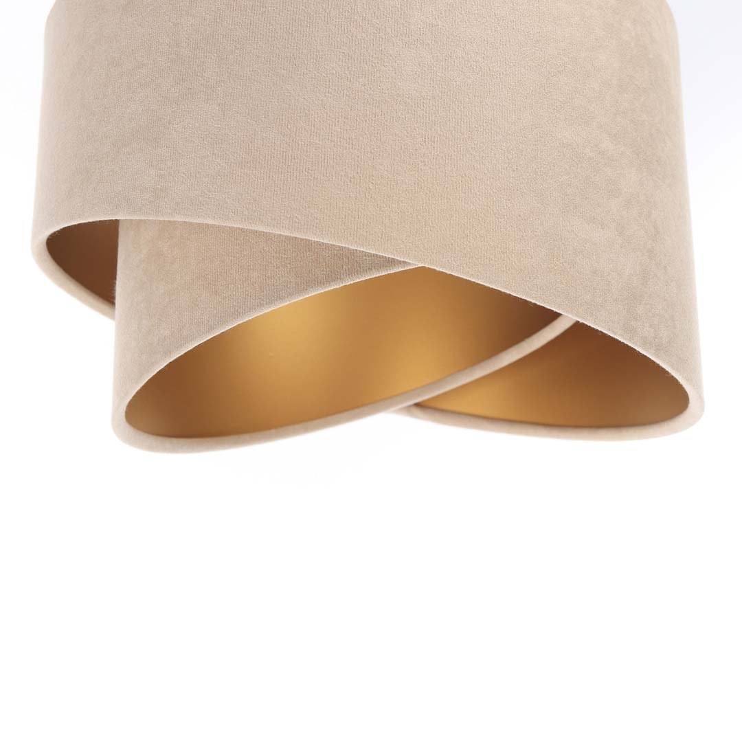 Triple beige and gold pendant lamp with asymmetrical velour lampshades on ceiling bar - BPS Koncept image 4