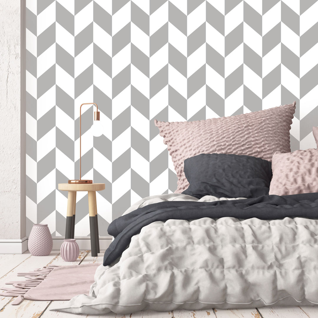 White and grey herringbone scandinavian wallpaper - Dekoori image 2