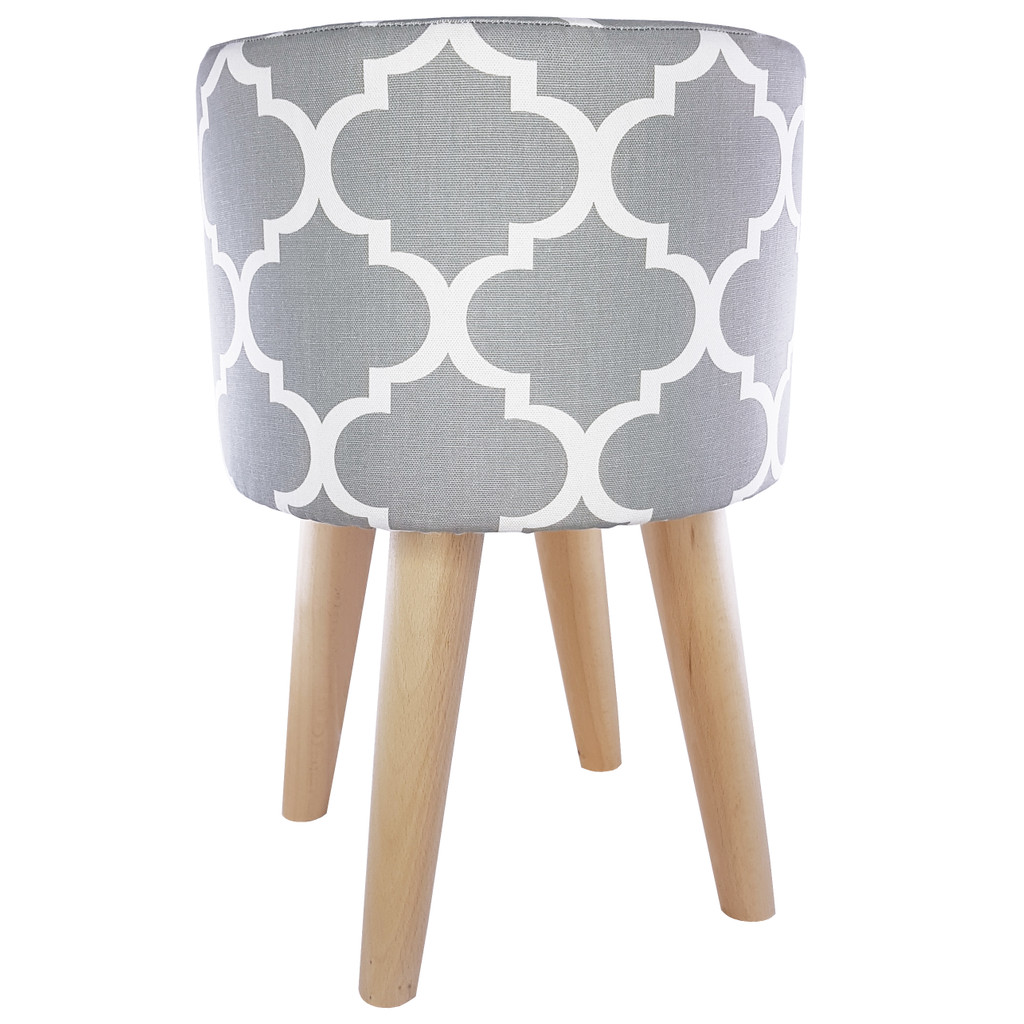 Grey round pouffe, wooden stool, white Moroccan clover pattern - Lily Pouf image 3