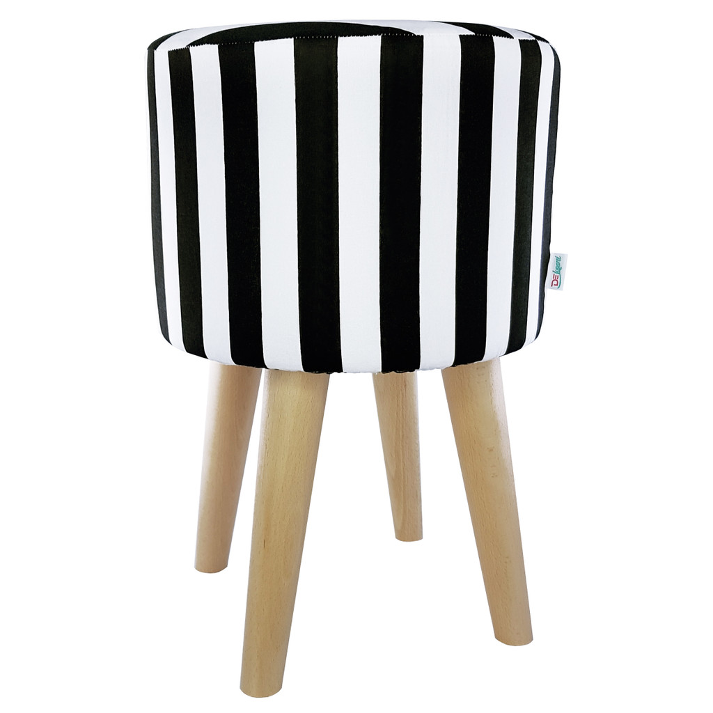 Stool Wooden Hassock with Round Seat White and Black Pattern with Stripes