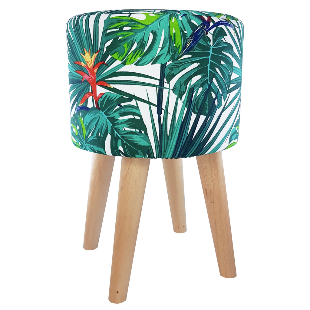 Exotic pouffe stool with turquoise Monstera leaves, colourful palms - Lily Pouf image 2