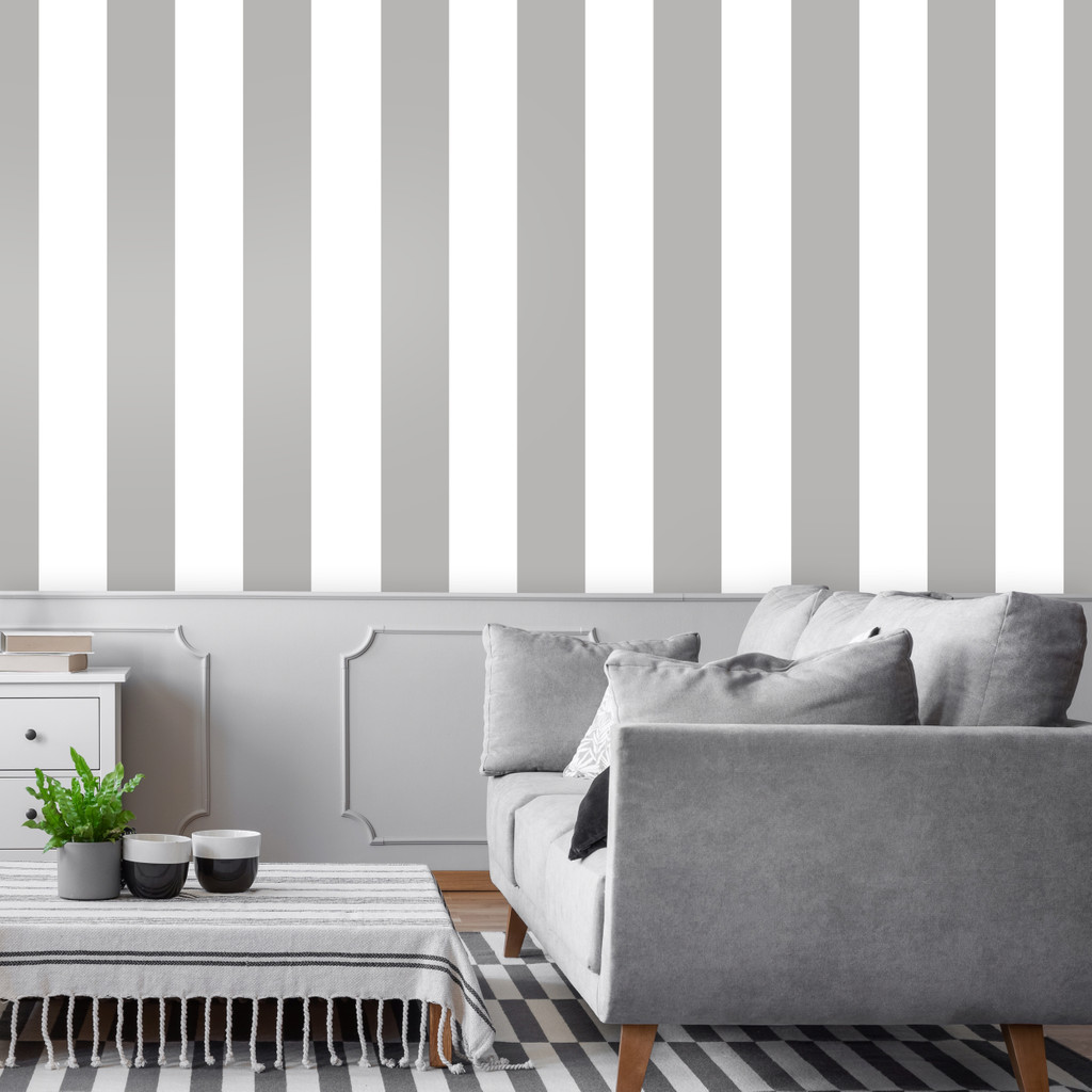 White and grey vertical striped (stripes:16,6 cm) wallpaper - Dekoori image 2