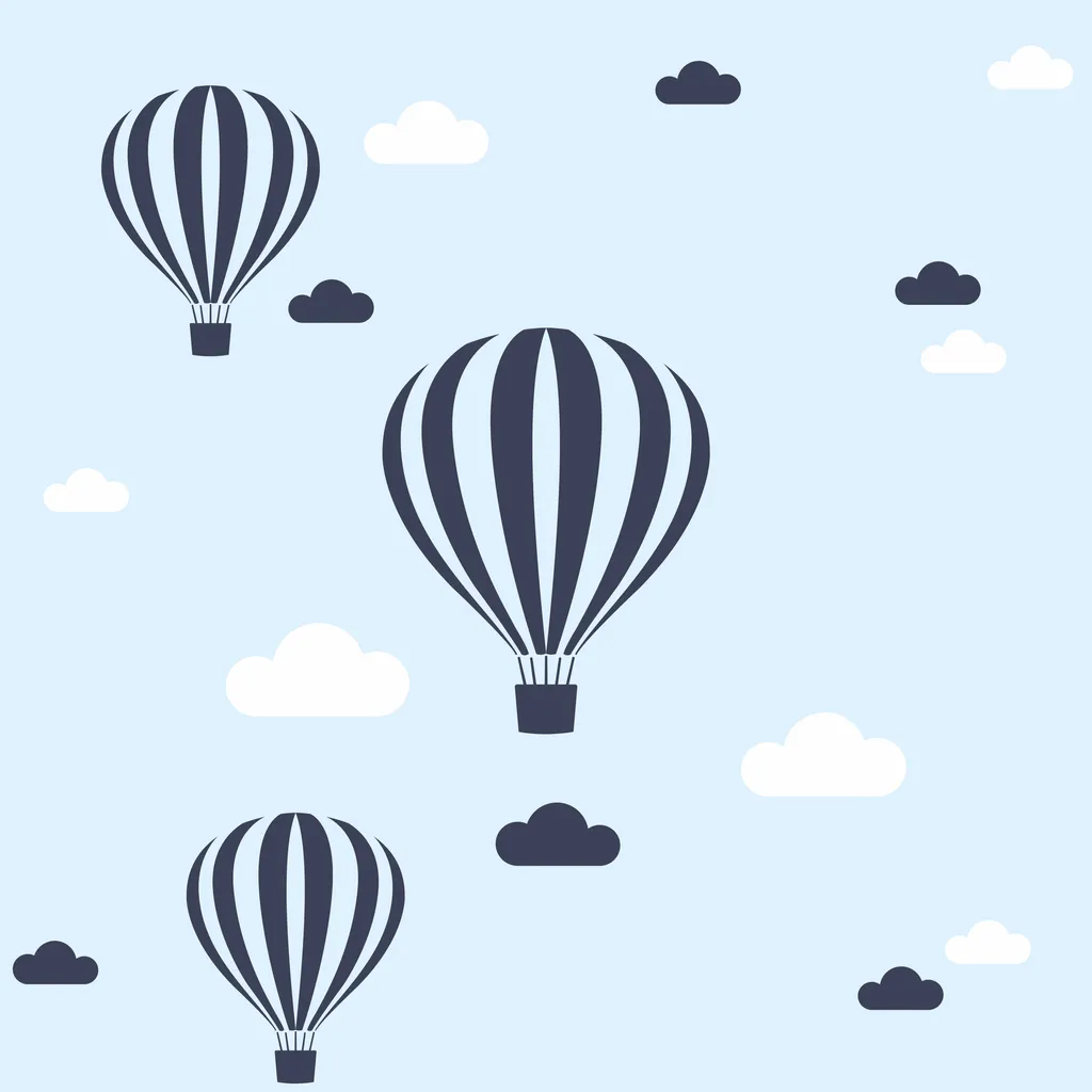 Wallpaper with flying balloons and clouds (colours: light blue-navy