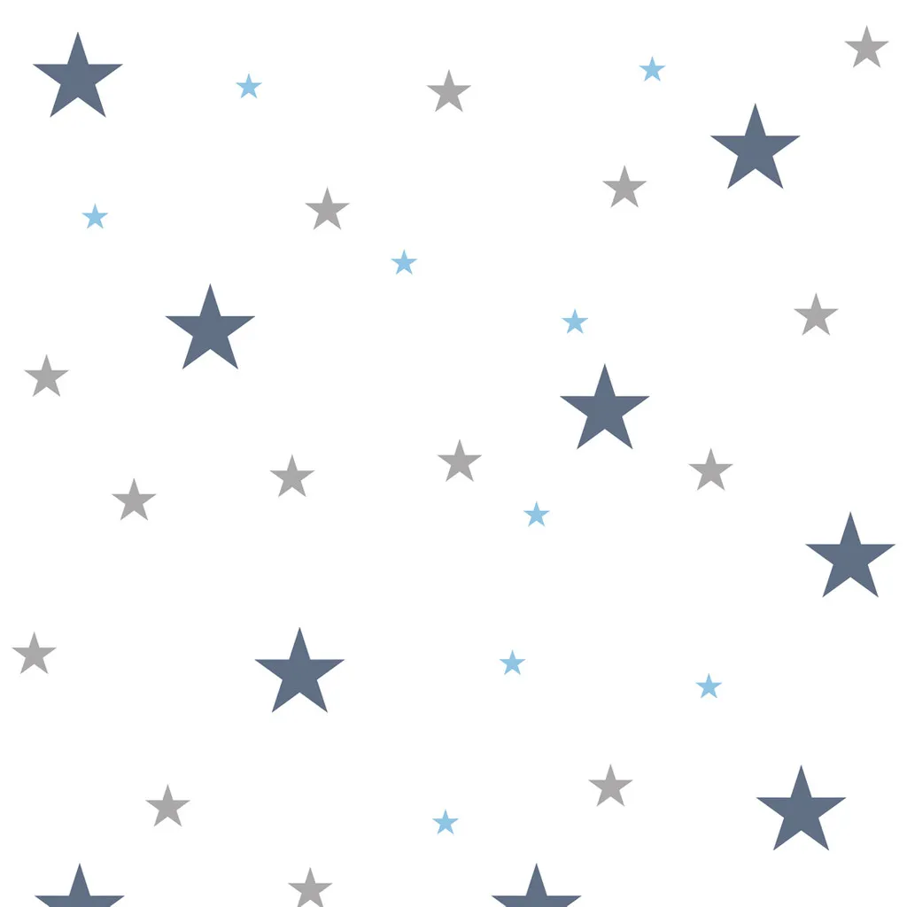 White wallpaper with blue, grey and navy blue stars