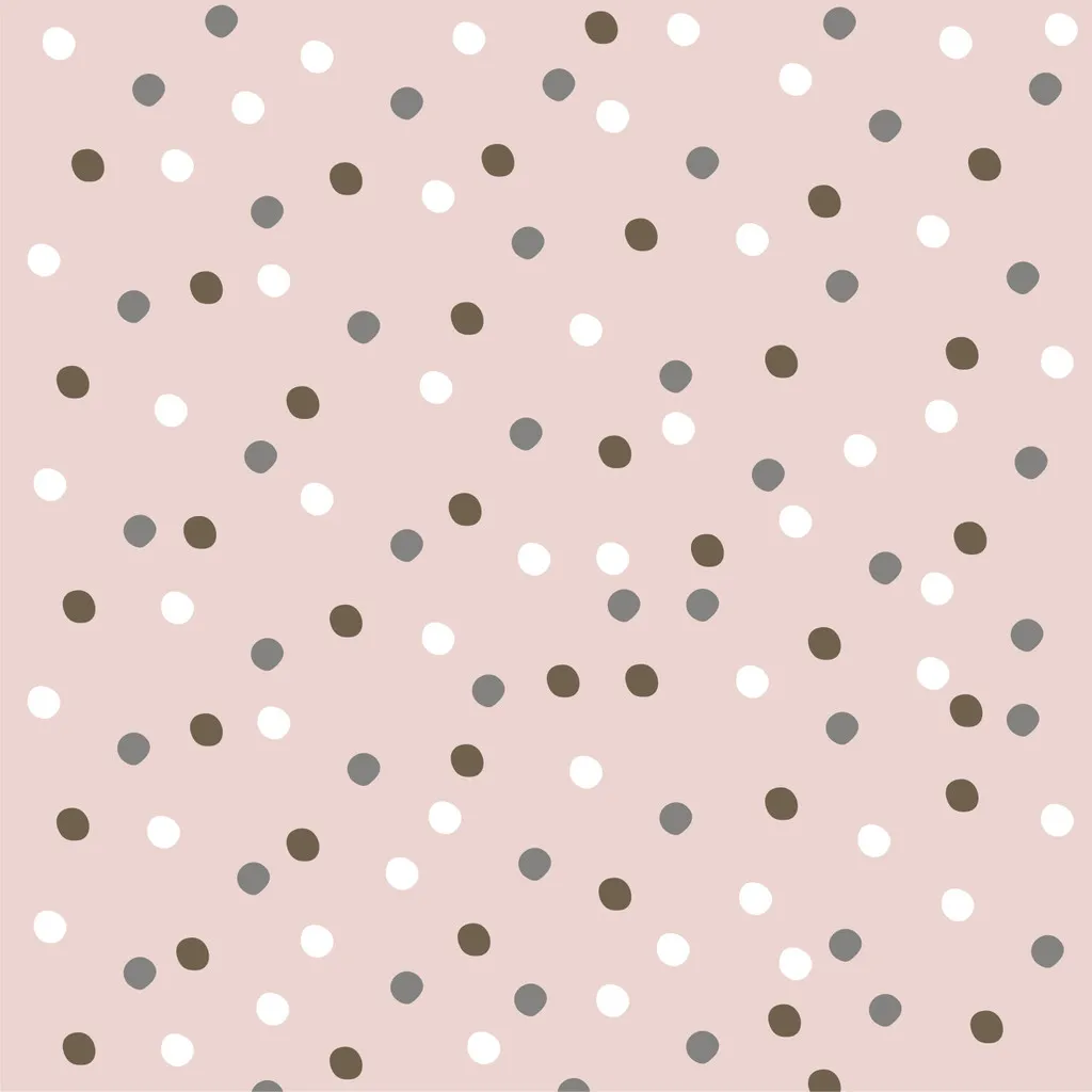 Salmon coloured wallpaper with irregular 3 cm dots of white, grey, brown  colours