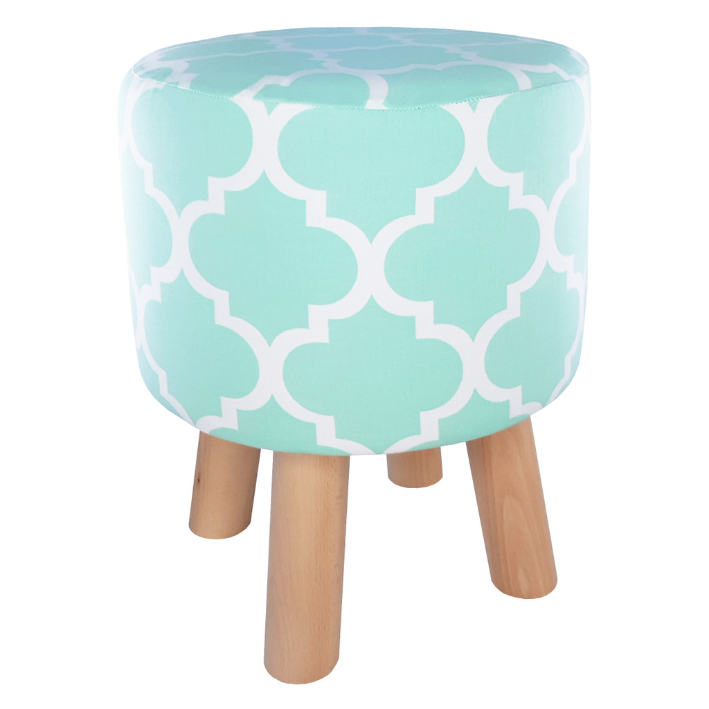 Decorative wooden mint green pouf, white Moroccan clover pattern - Lily Pouf image 1