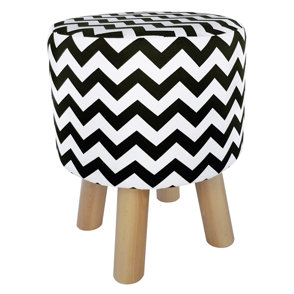 Fashionable pouf white and black with ZIGZAGS wooden stool for sitting - Lily Pouf image 1
