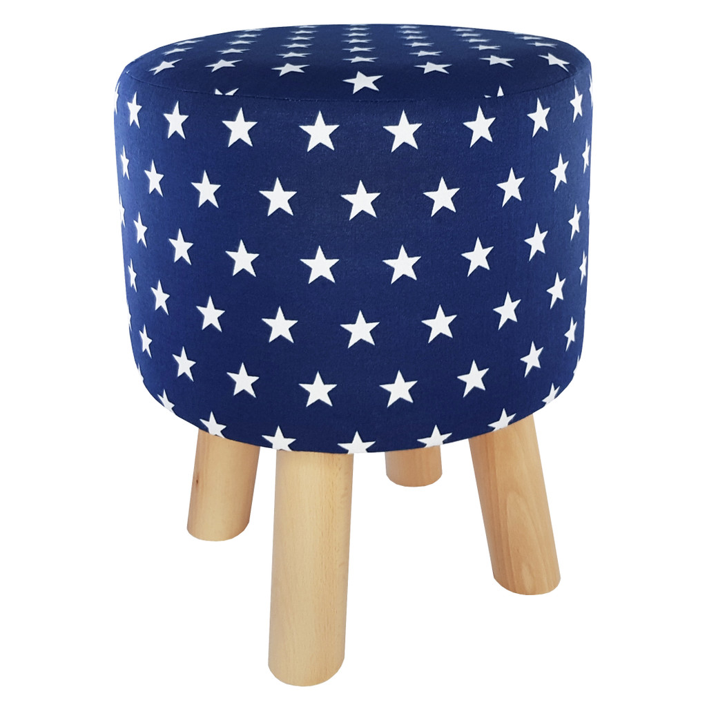 Navy blue pouffe with white STARS, wooden stool with cover - Lily Pouf image 1