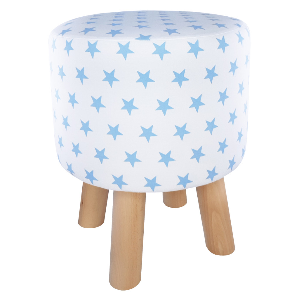 White stool, high and low pouffe with blue STARS, wooden legs - Lily Pouf image 1
