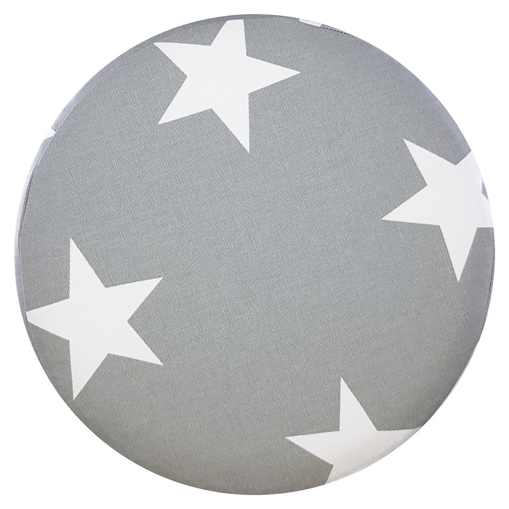 Grey decorative pouf, wooden stool, cover with big white stars - Lily Pouf image 2