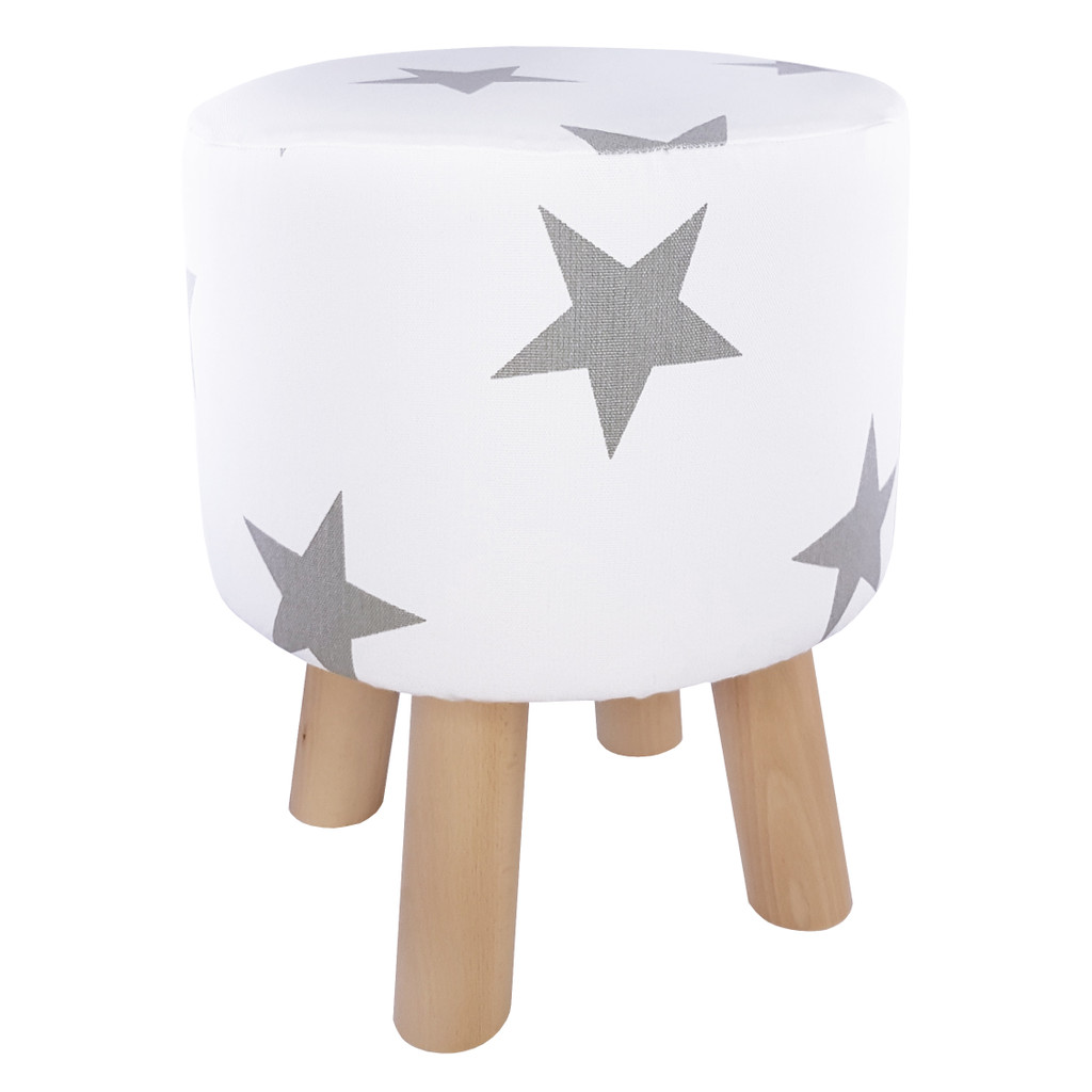 White wooden stool, round pouf with a cover with BIG GREY STARS - Lily Pouf image 1