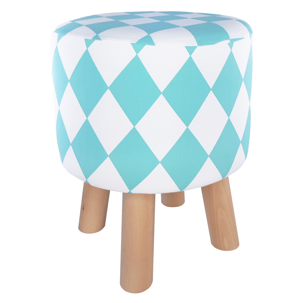 Scandinavian stool, wooden stool, cover with white and turquoise ROMBS - Lily Pouf image 1