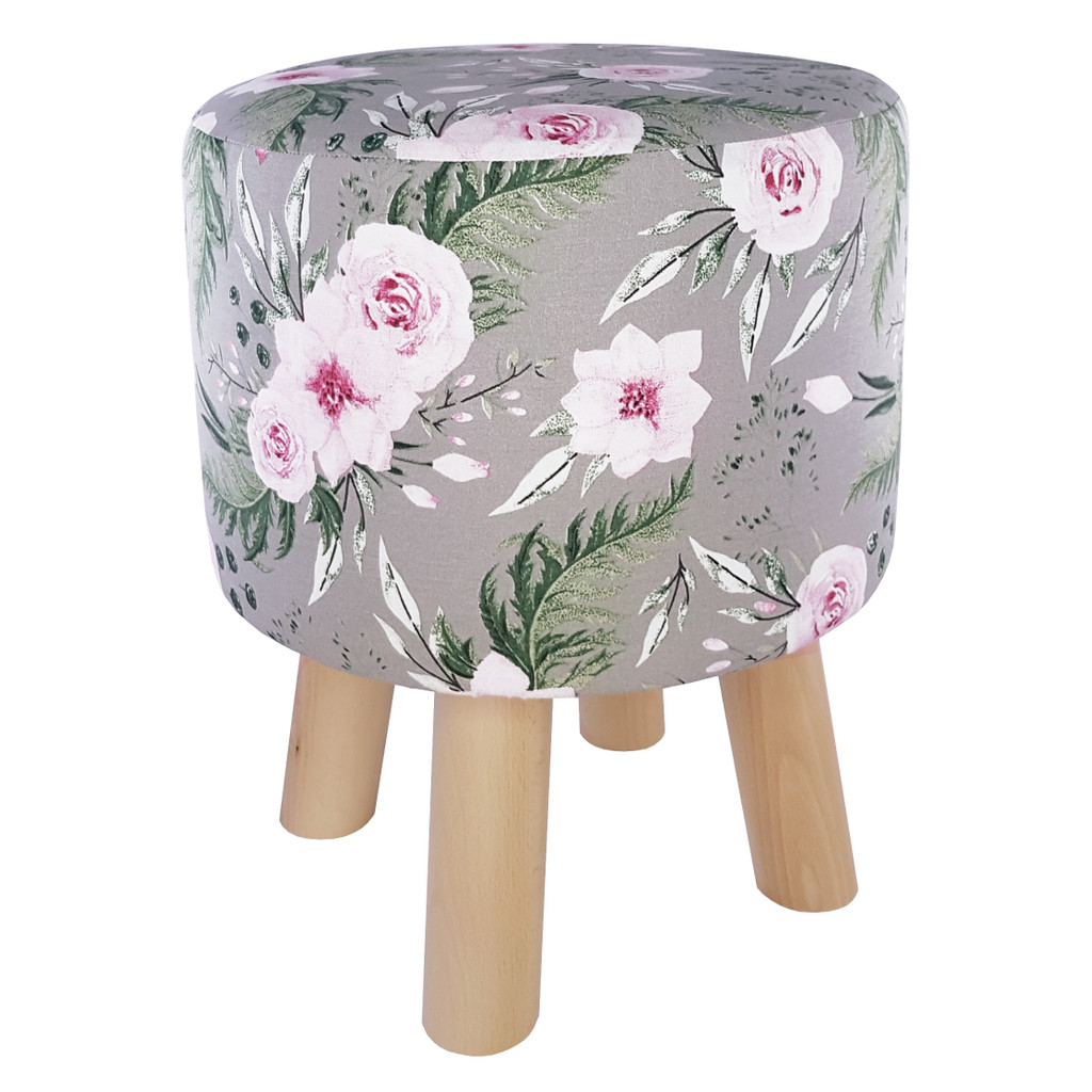 Lovely grey pouffe, roses against a background of green leaves, for the living room or bedroom - Lily Pouf image 1