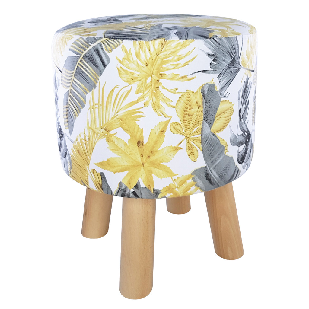 Designer bedroom pouffe in glamour style, gold and grey palm leaves on a white background - Lily Pouf image 1