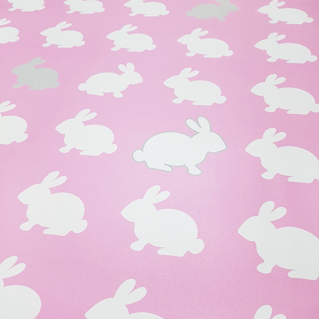 Pink wallpaper with white cute rabbits - Dekoori image 2