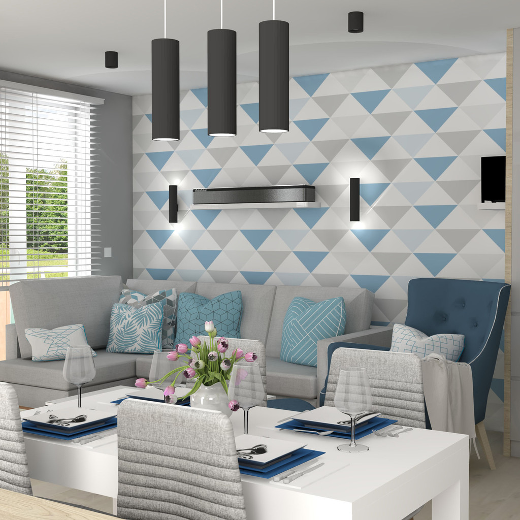Geometric wallpaper with triangles 33 cm (white-grey-blue triangles) - Dekoori image 2