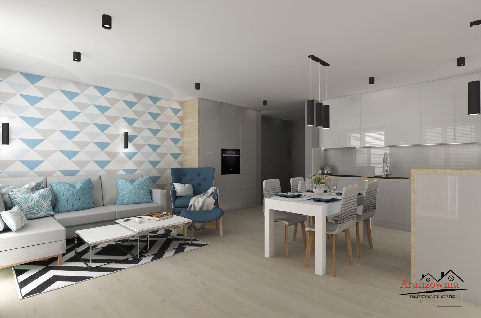 Geometric wallpaper with triangles 33 cm (white-grey-blue triangles) - Dekoori image 4