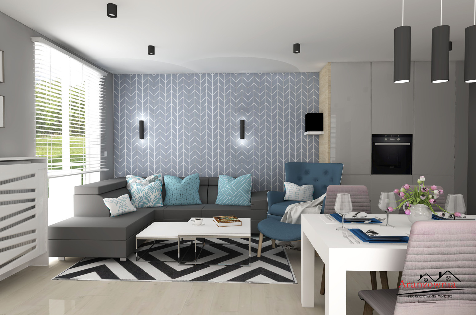 Geometric wallpaper with blue and white herringbone - Dekoori image 3