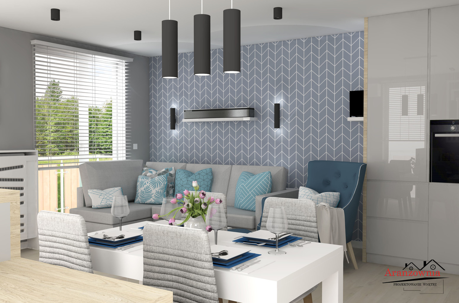 Geometric wallpaper with blue and white herringbone - Dekoori image 4