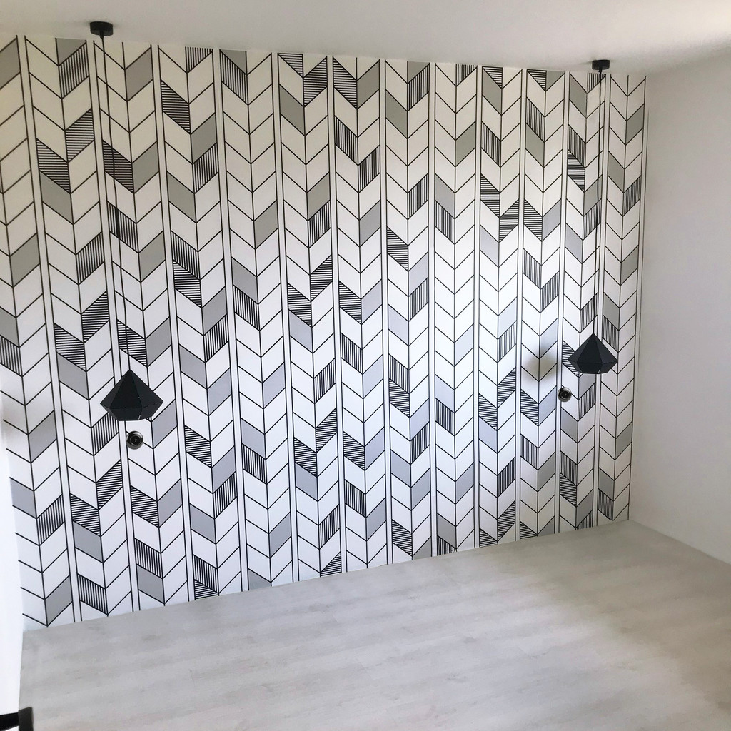 White and black contour herringbone designer pattern wallpaper - Dekoori image 4