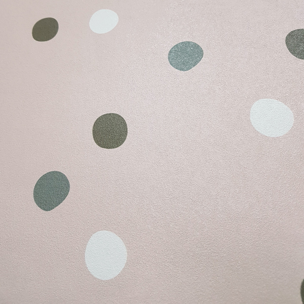 Salmon coloured wallpaper with irregular 3 cm dots of white, grey, brown colours - Dekoori image 4