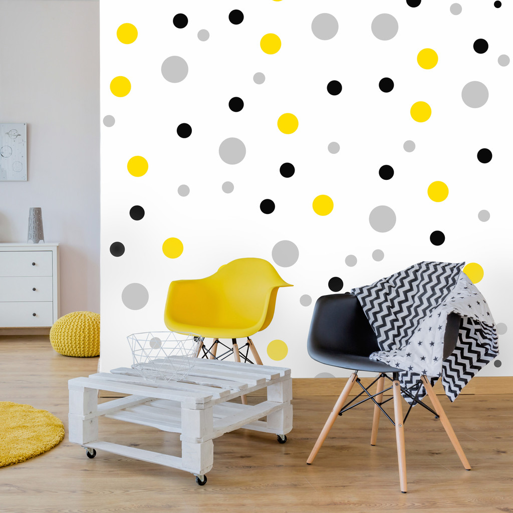 Modern white wallpaper with grey, black and yellow circles, bubbles, dots - Dekoori image 2